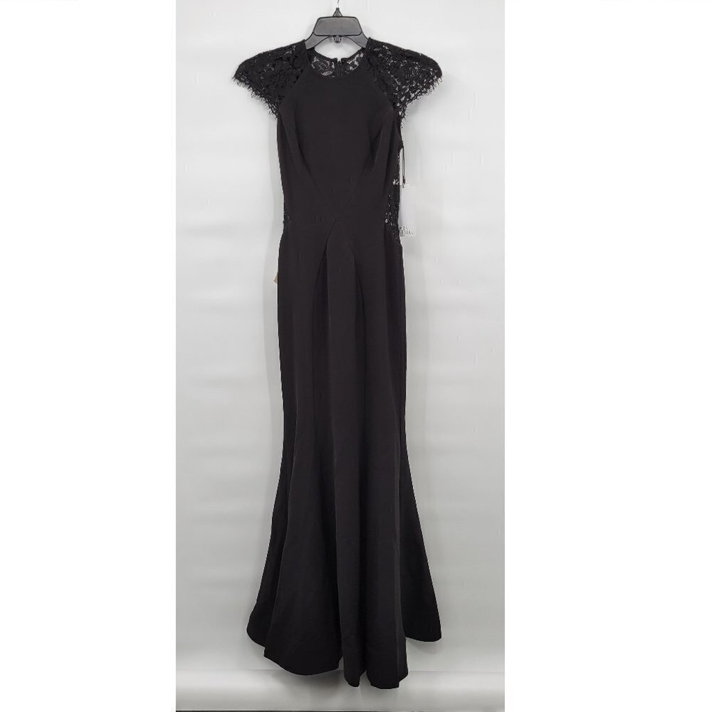 New Fame & Partners Women Black Lace Detail Cap Short Sleeve Mermaid Gown Size 2